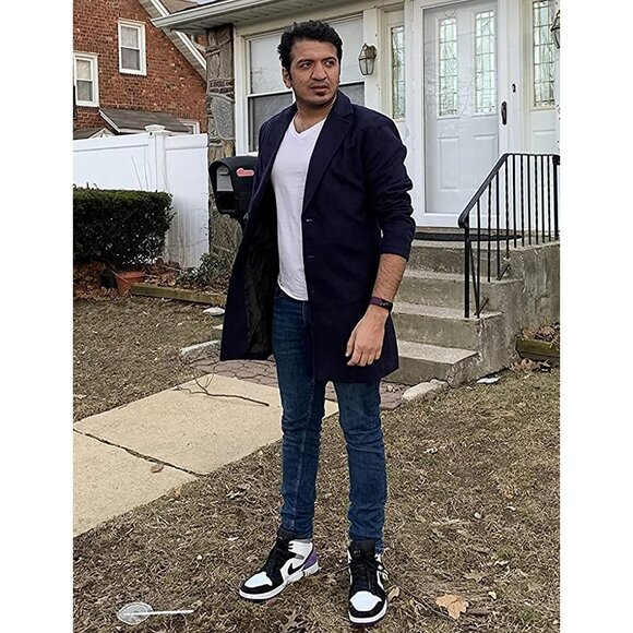 Men's Navy Wool Blend Pea Coat Notched Collar Breasted Winter Trench Coat - Picture 3 of 7